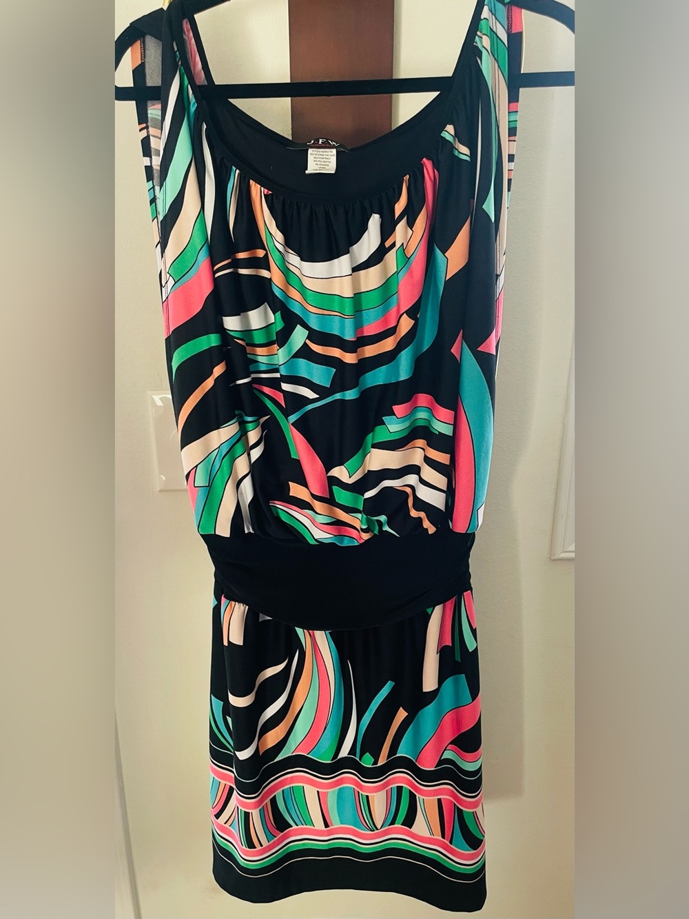 Black Abstract-Stripe Mini Dress with Multicolor Accents
